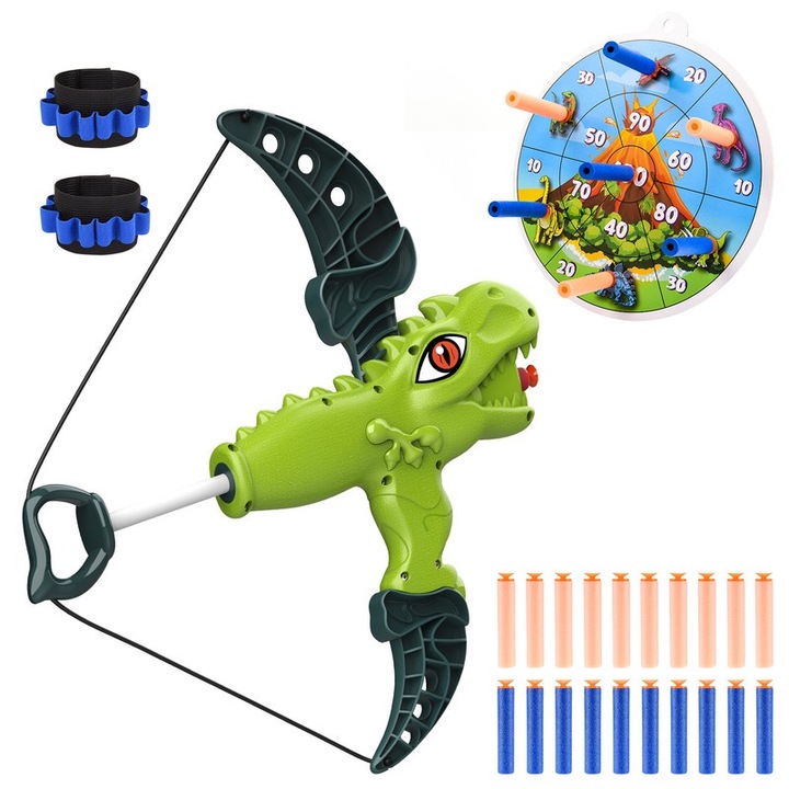 ATOPDREAM játék fegyverkészlet, íj és nyilak tapadókoronggal, dinoszaurusz design, zöld, 20 nyíl
