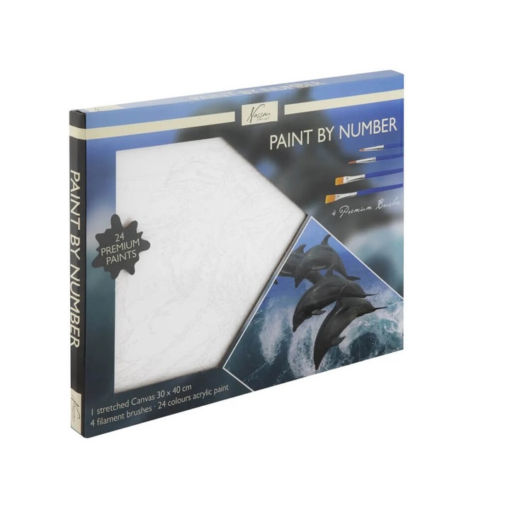 Set pictura pe numere 30×40 cm cu 24 culori si 4 pensule delfini