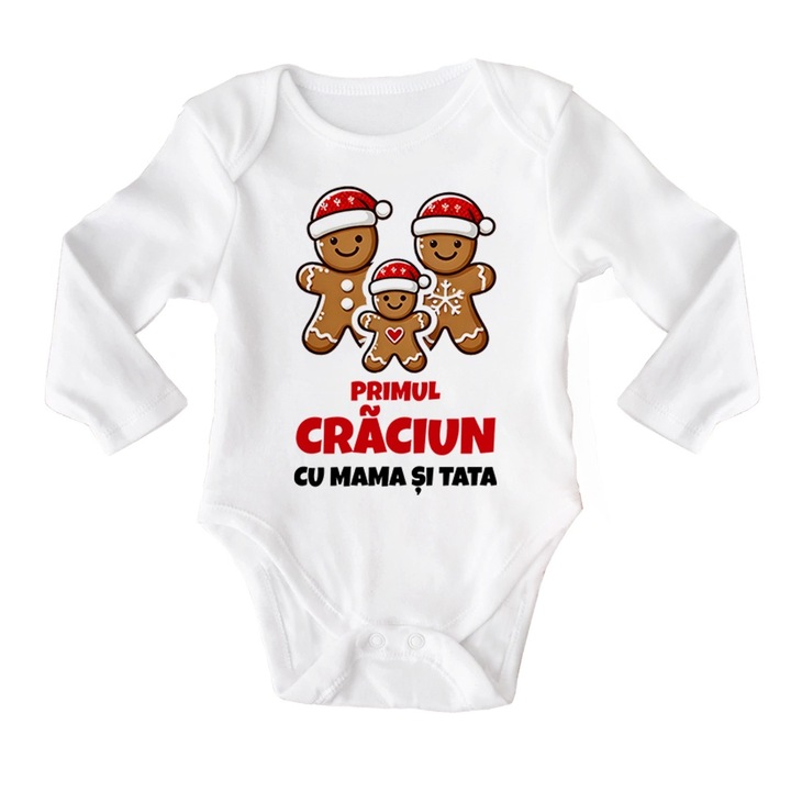 Body cu maneca lunga personalizat cu 3 biscuiti in caciuli de Mos, mama, tata si bebe si mesaj de familie - Primul Craciun cu mama si tata, 86 cm