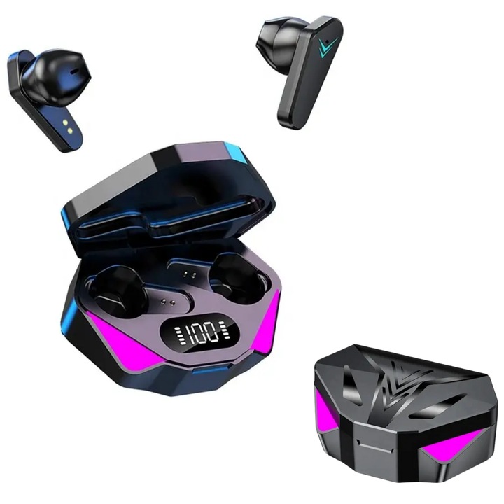 Z Zeleno Vezeték nélküli gaming fülhallgató, töltőtok, digitális kijelző, bluetooth 5.0, zajszűrő funkció, HD mikrofon, IPX7 vízállóság, kettős mód, univerzális kompatibilitás, fekete