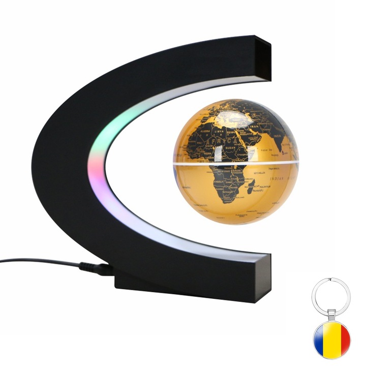 Glob pamantesc magnetic plutitor cu iluminare LED, SINBINTA, C-Shape, Cu breloc, Instrumente auxiliare de instalare, Utilizat in publicitate, invatare, predare, acasa, birou si decorarea dispozitivelor desktop, ABS, 17.3x17.3cm, Auriu