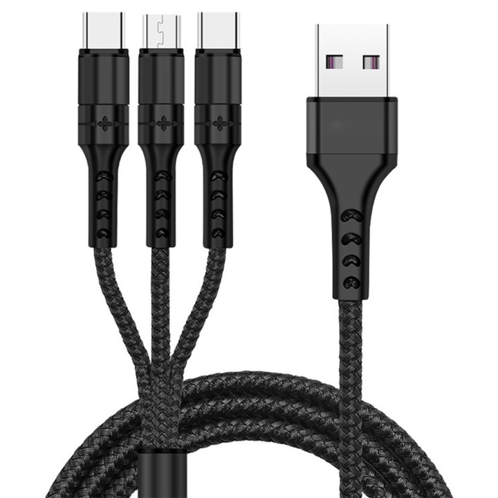 Cablu de date 3 in 1 cu incarcare rapida GAVIO®, USB la USB-C, Lightning, MicroUSB, 1.2m, 5A, compatibil Apple iPhone, Samsung, Huawei, Xiaomi, Negru