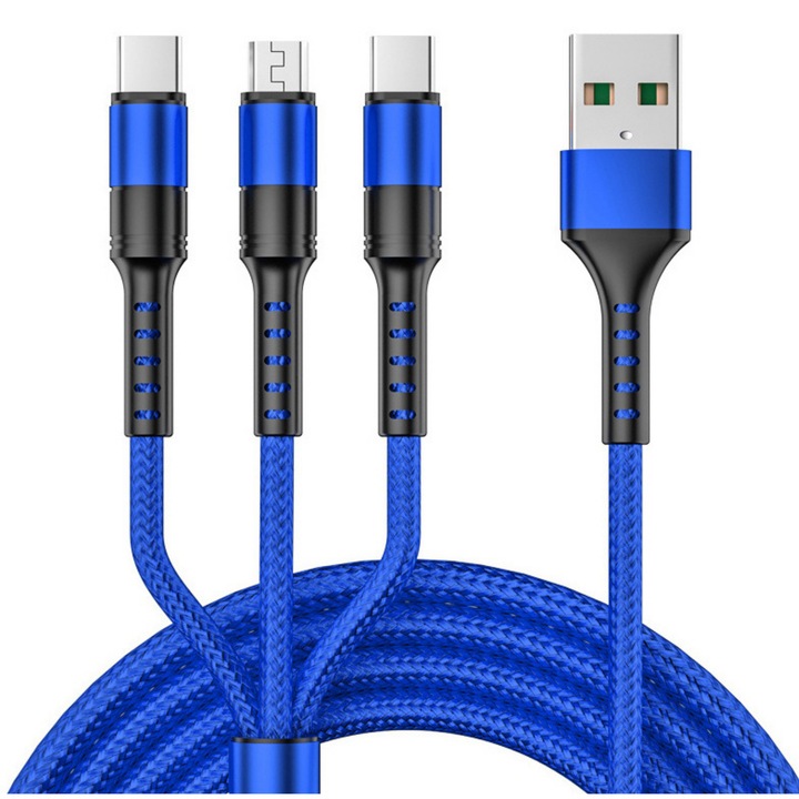 Cablu de date 3 in 1 cu incarcare rapida GAVIO®, USB la USB-C, Lightning, MicroUSB, 1.2m, 5A, compatibil Apple iPhone, Samsung, Huawei, Xiaomi, Albastru