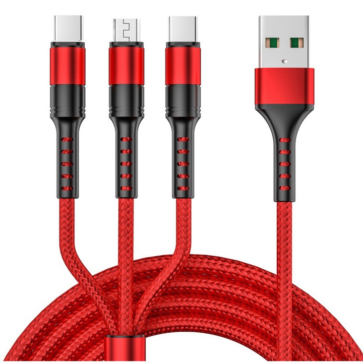 Cablu de date 3 in 1 cu incarcare rapida GAVIO®, USB la USB-C, Lightning, MicroUSB, 1.2m, 5A, compatibil Apple iPhone, Samsung, Huawei, Xiaomi, Rosu