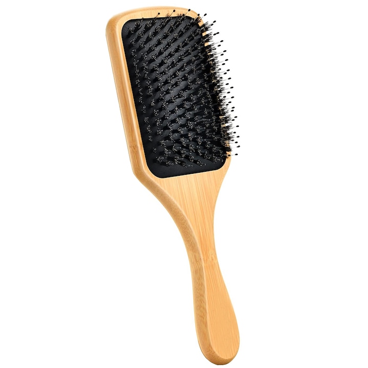 Perie rectangulara de par, Axroad Mall, Cu peri de mistret si nailon, Maner ergonomic, Efect masaj, Cu perna din cauciuc, Pentru toate tipurile de par, Cu geanta de depozitare opp, Bambus, 24x8cm, Culoare naturala