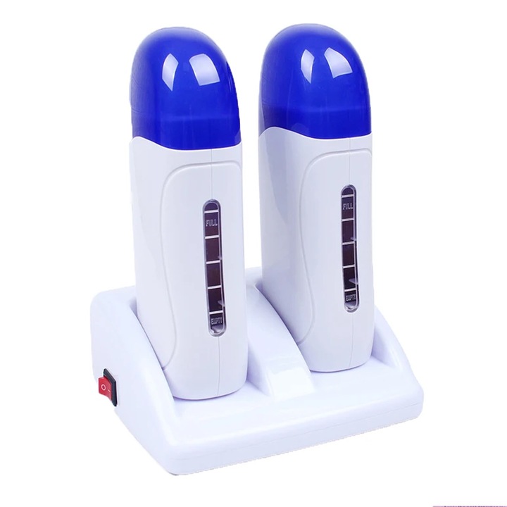 Incalzitor Ceara Dublu, Axroad Mall, Cu suport dock, Buton on/off, 40W, Incalzire pe doua fete, Capacitatea 100 ml, Cu slot transparent, Ceara care se topeste rapid, Pentru epilat acasa, Plastic, 15.6x14.5x25.3cm, Albastru