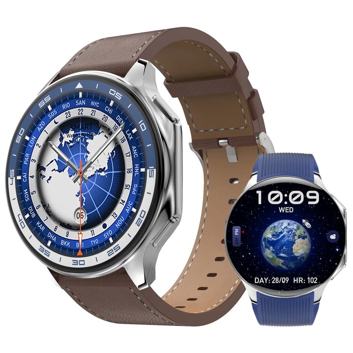 Smartwatch AMOLED Always ON DTX™ WATCH 1.43” 3D Surround Vision, Apel Bluetooth, AI Asistent Vocal, 32Gb Memorie, MP3 Playback/TWS Earphone, Multi Sport/Sanatate, Contacte, Inregistrare Sunet, Jocuri, Album Foto, Curea Silicon/Piele Azure Blue