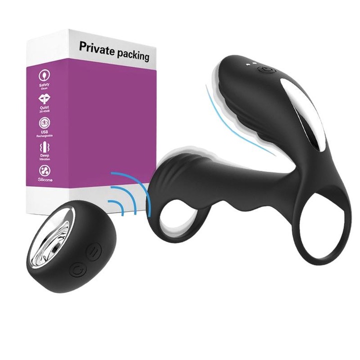 Péniszgyűrű vibrációval, állítható, szilikon, fekete