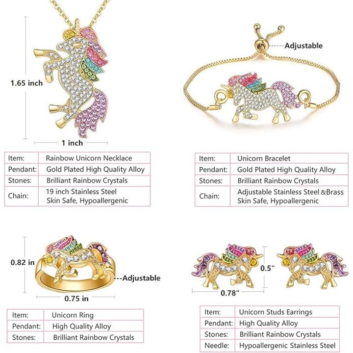Детски комплект бижута Nybgyy, еднорог, Австрия кристали, многоцветни