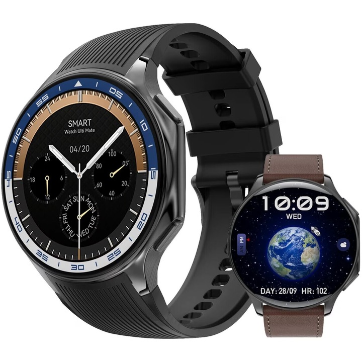 Smartwatch AMOLED Always ON DTX™ WATCH 1.43” 3D Surround Vision, Apel Bluetooth, AI Asistent Vocal, 32Gb Memorie, MP3 Playback/TWS Earphone, Multi Sport/Sanatate, Contacte, Inregistrare Sunet, Jocuri, Album Foto, Curea Silicon/Piele Starry Black