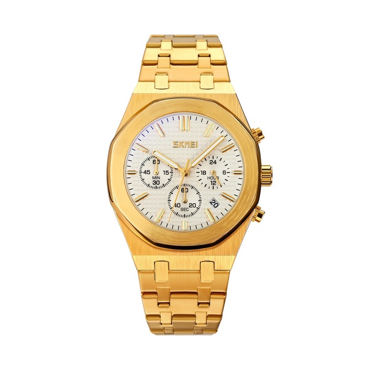 Мъжки кварцов часовник SKMEI 9296, Елегантен, Водоустойчив, Дата, Таймер, Златист/Сребрист