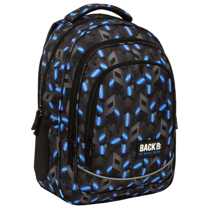 Ghiozdan scolar, BackUp, Poliester, Impermeabil, Reflectorizant, 42 x 30 x 20 cm, 26 L, Negru / Albastru