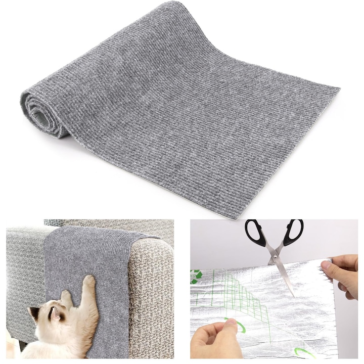 Covoras de zgariat pentru pisici, autocolant, protejeaza mobilierul, Poliester, 100x30cm, Gri pal
