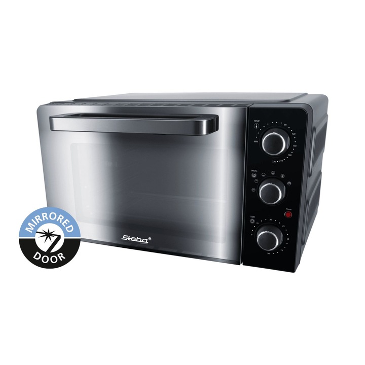 Cuptor electric cu convectie, Steba Germany, KB224, volum 24 litri, convectie comutabila, functie rotisor, temperatura reglabila pana la 230°C, usa cu geam dublu tip oglinda, comutor rotativ, semnal acustic, 1500 W, accesorii incluse, negru