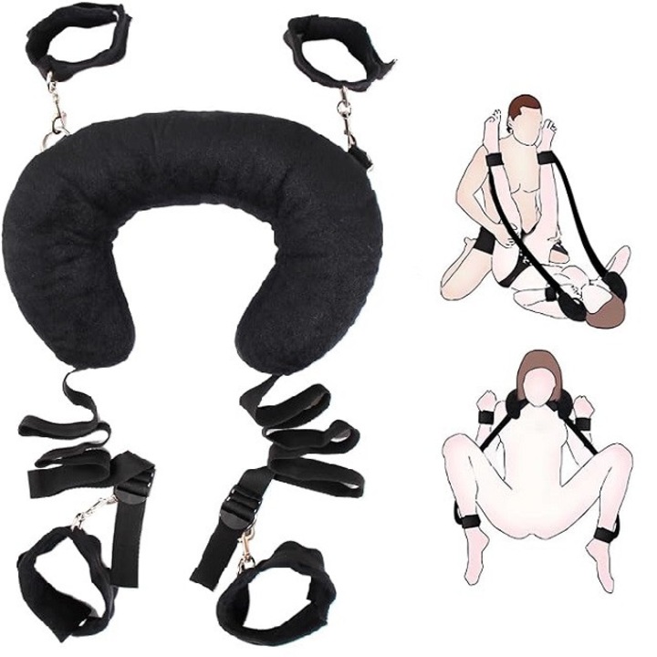 Jucarie sexuala pentru cupluri, bdsm, curele reglabile, perna de sustinere a gatului, centuri mentinere coape-glezne, mansete maini, Design confortabil si rezistent, negru, SIPEDO