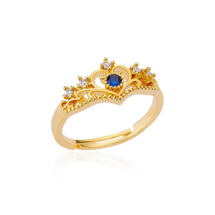 Inel auriu, din otel inoxidabil, decorat cu zirconiu, reglabil, Crown