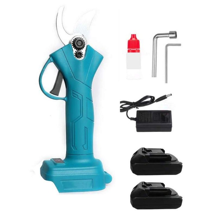 Foarfeca Electrica Automata Portabila SIKS Cu Acumulatori, Pentru Gradina Sau Vie, Lama Din Otel Carbon, Baterie 3000mAh, 2 Acumulatori Inclusi, Accesorii Si Valiza Transport, Albastru