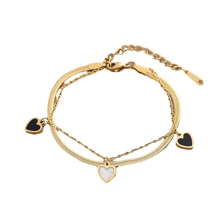 Bratara Dama, Model Inima alb, negru, Doua tipuri de Zale, Otel inoxidabil, Placat cu aur, Culoare Gold