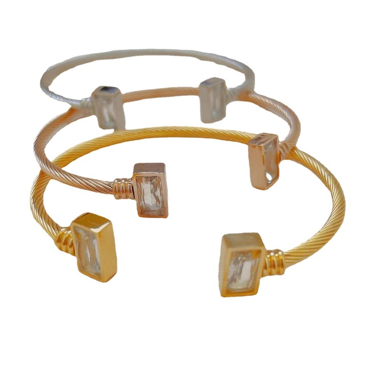 Bratara Dama, Tip Bangle, Model Grecesc cu Pietre Zirconiu, Alb, Otel inoxidabil, Placat cu aur, Culoare GOLD