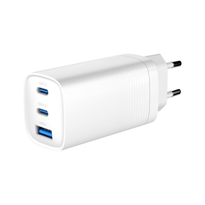 220V GEMBIRD hálózati tápegység, univerzális, 2 db USB Type-C 3.25A PD 65W, 1 db USB-A 3.0 maximum 2.25A QC 27W, fehér