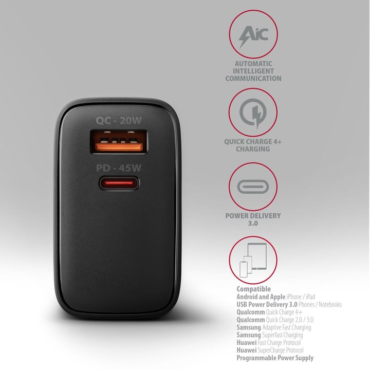 AXAGON ACU-PQ45 PD3.0 & QC4+ 2xOutputs Wall Charger 45W Black, 233859, Töltő