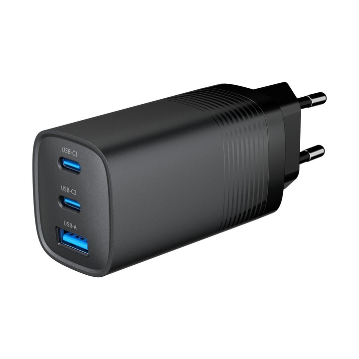 GEMBIRD 220V AC TÁPEGYSÉG, univerzális, 2 x USB Type-C 3.25A PD 65W, 1 x USB-A 3.0 maximum 2.25A QC 27W, fekete, "TA-UC-PDQC65-01-BK" (zöld bélyeg 0.18 lej)