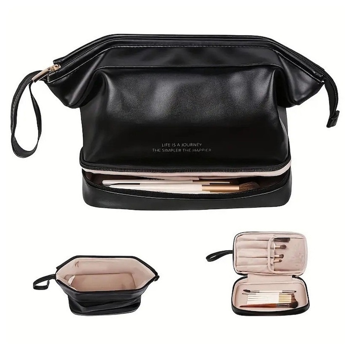 Geanta cosmetice, ZXJDN®, portabila, impermeabila, piele, 14x18x24cm, negru