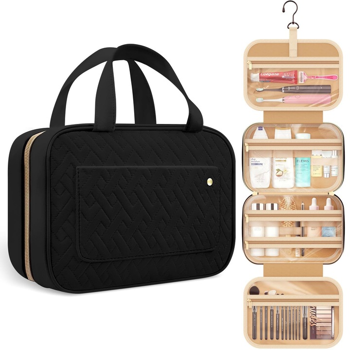 Geanta cosmetice, ZXJDN®, capacitate mare, cu carlig, maner, 28.5x8.5x20 cm, negru