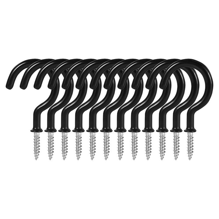 Set 12 carlige cu invelis de vinil, negru, 5cm