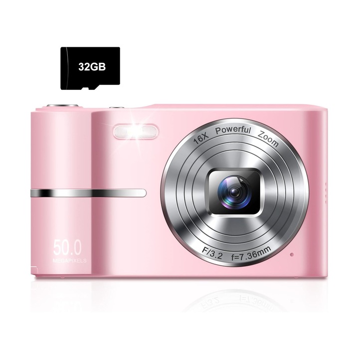 Digitális fényképezőgép, 4K, 16X digitális zoom, hordozható, rázkódásgátló, 50 millió HD pixel, 2,4 hüvelykes HD képernyő, 32 GB SD-kártya, OUYLAF (rózsaszín)