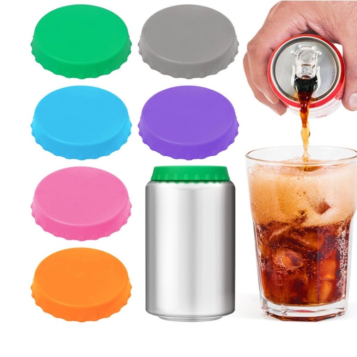 Set 6 Capace din Silicon pentru Doze Bauturi, Etanse, Reutilizabile, Multicolor