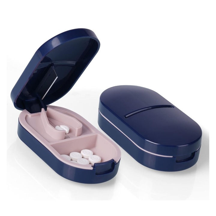 Cutie pentru depozitare medicamente cu dispozitiv de taiere pilule, Dispozitiv taiere/sfaramare pastile, tablete, suplimente, ideala pentru calatorii, OUYLAF (Albastru)