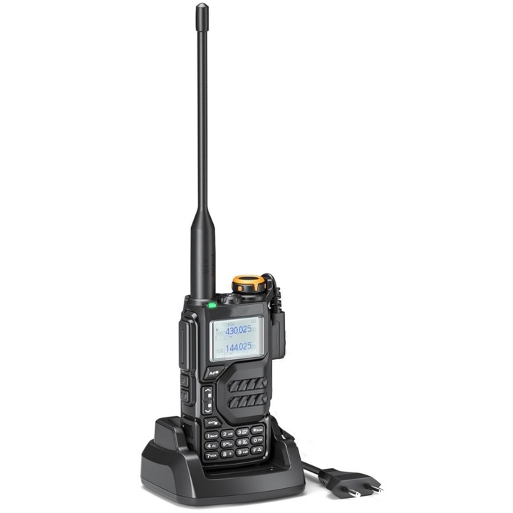 Преносима радиостанция, VINTOP®, AM-FM, Акумулаторна батерия 1600 MAH, 5W, 7.2V, фенерче, Дисплей на две честоти, VHF 136-174 MHz, UHF 400-470 MHz, Черен деним