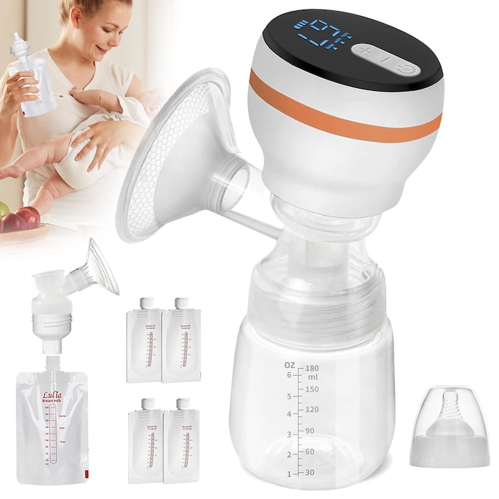Pompa de San Electrica, BYONDSELF®, se Poate Conecta Direct la Pungi Stocare Lapte, Prevenind Contaminarea, cu 4 Pungi Stocare Lapte, Portabila, 4 Moduri, Ecran LED, 180 ML, 300g, Anti-Reflux, Alb