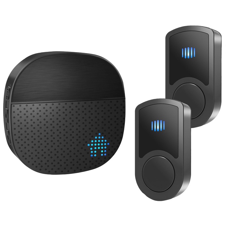 Звънец, BYONDSELF®, Безжичен, 2 излъчвателя, 300 м разстояние, IP55, 110 db, 55 мелодии, 5 нива на звука, черен