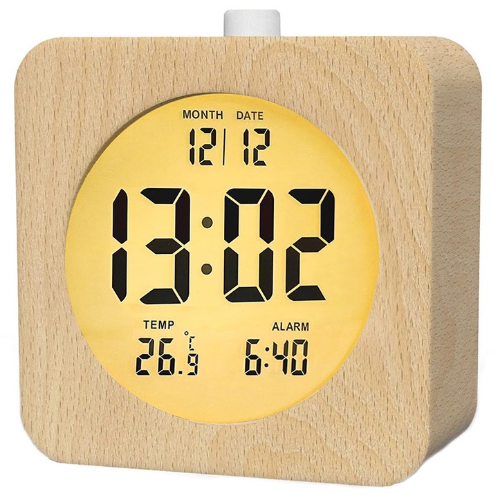 Ceas Digital, BYONDSELF®, Din Lemn, cu Baterie, cu Afisarea Orei si A Temperaturii, Alarma, Functia Snooze, LCD Display, Reglare Lumina Funda, 9.7x4.7x10.3 cm, Maro