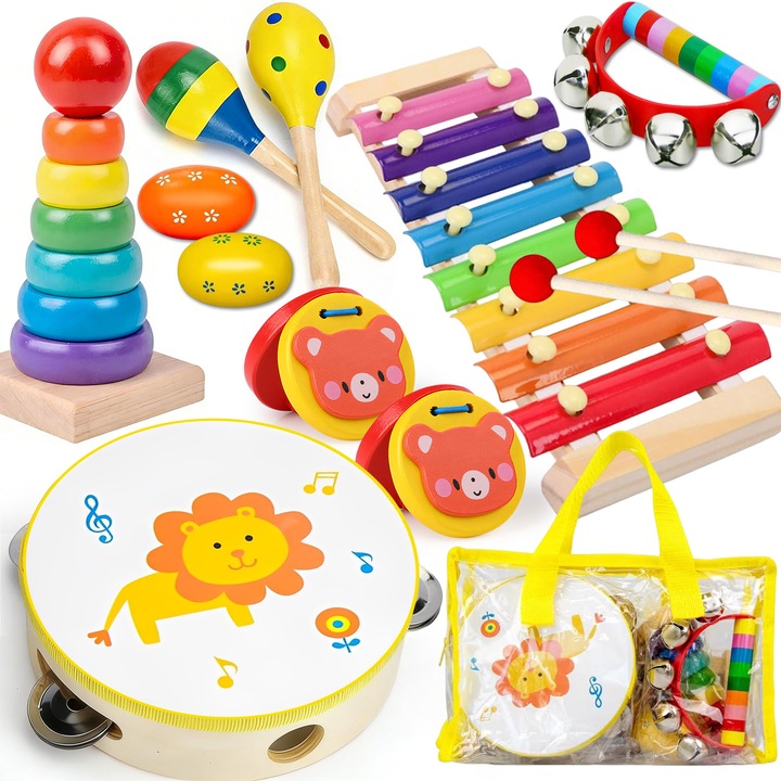 Set Instrumente Muzicale Din Lemn Pentru Copii, BYONDSELF®, Tema leu, + 3 ani, Material Lemn, Multicolor