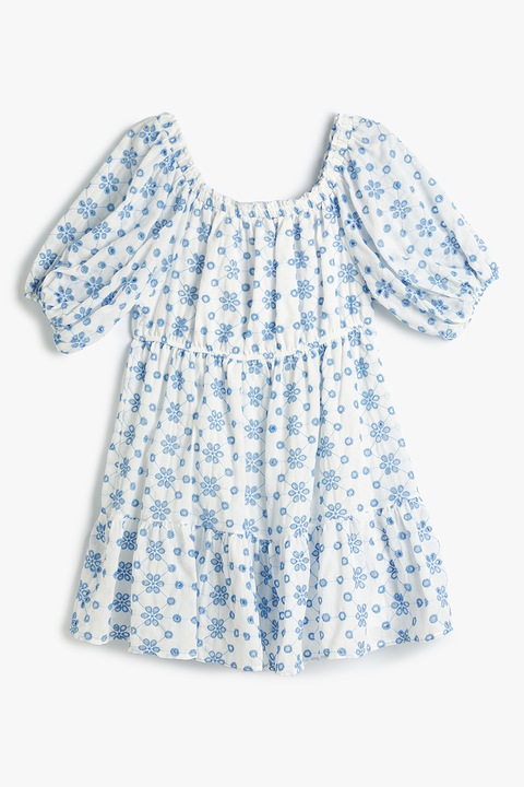 KOTON, Rochie midi evazata din amestec de bumbac cu decolteu rotund, Alb/Albastru, XS