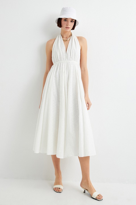 KOTON, Rochie midi evazata din amestec de bumbac cu decolteu in V, Galben, 2XL