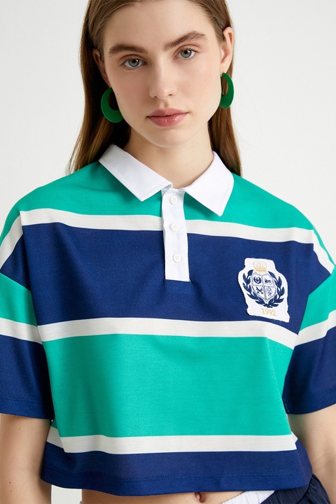 KOTON, Tricou polo crop cu maneci cazute, Verde/Albastru