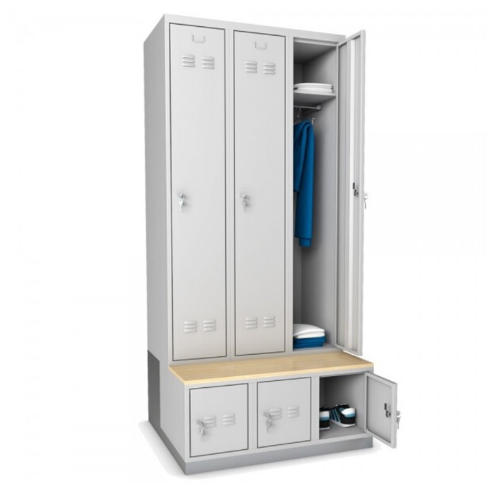 Vestiar metalic cu 6 usi (3 usi imbracaminte + 3 usi incaltaminte) si bancuta, EXTRA