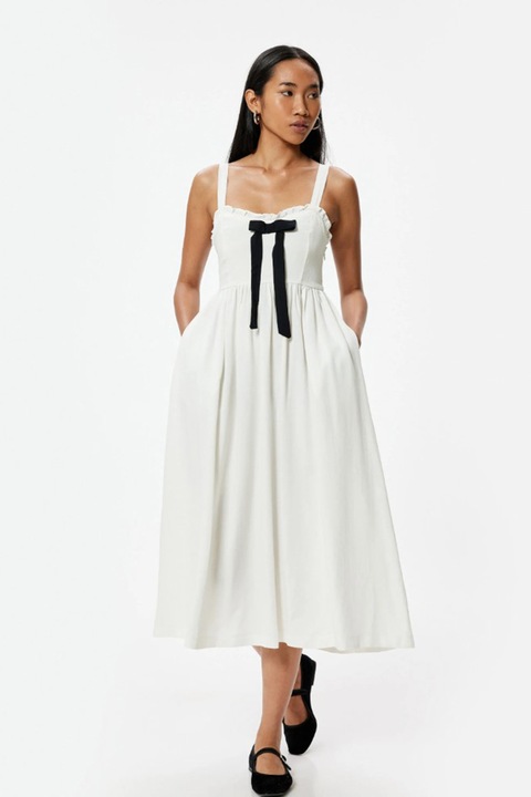 KOTON, Rochie midi din amestec de in cu buzunare laterale, Alb/Negru, L