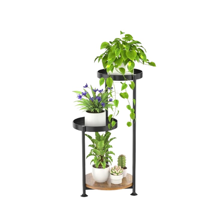 3 szintes növényállvány beltéri és kültéri használatra, LyTaispuly, fekete és barna, 77 cm