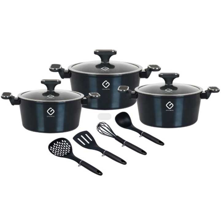 Set 10 piese: 3 vase din aluminiu, compatibile plita inductie, 3 capace sticla, 4 ustensile, Grunberg GR2718 (albastru)