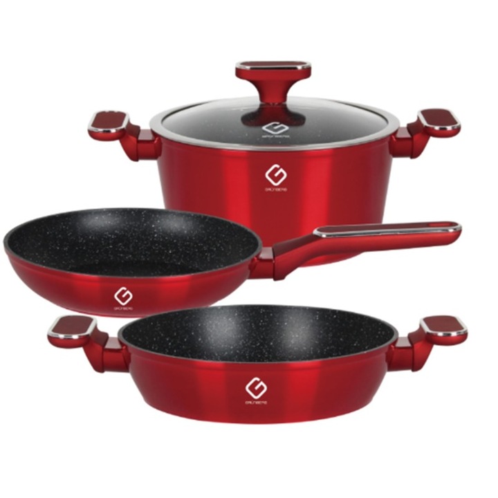 Set 3 Vase din Aluminiu si Capac din Sticla, Rosii, Compatibile cu Plita cu Inductie, Grunberg