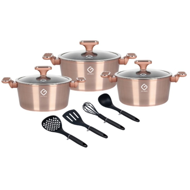 Set 10 piese: 3 vase din aluminiu, compatibile plita inductie, 3 capace sticla, 4 ustensile, Grunberg GR2718 (auriu)