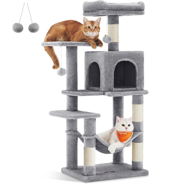 Ansamblu pentru pisici cu 2 platforme, 1 culcus, hamac si 4 stalpi sisal, 45x35x112 cm, gri
