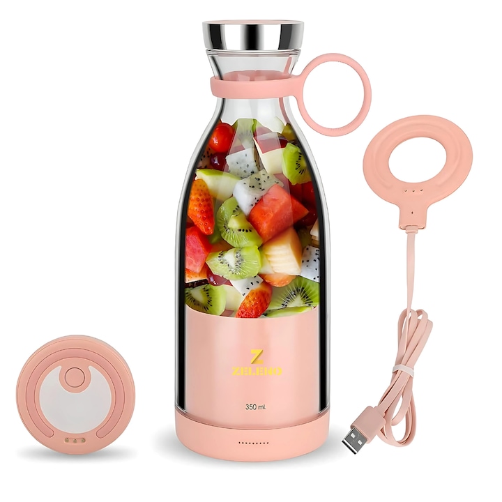 Blender Portabil, 2 Recipiente, 400 ml, 6 Lame 3D, USB-C reincarcabil, 45W, Capac Inclus, Roz, easyCTRL®