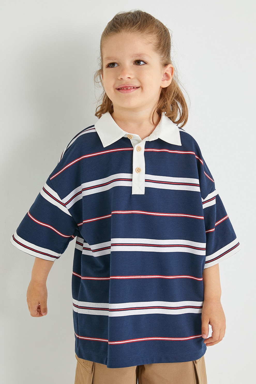 KOTON, Tricou polo lejer cu dungi, Alb, Bleumarin, 134-140 CM