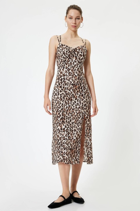 KOTON, Rochie midi cu animal print si slit frontal, Negru/Bej, XS